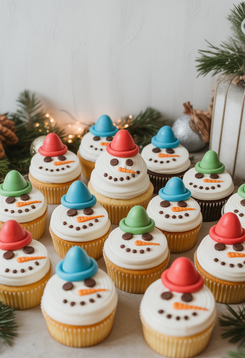 A table with snowman-shaped cakes and cupcakes decorated with frosting hats and festive holiday decorations.